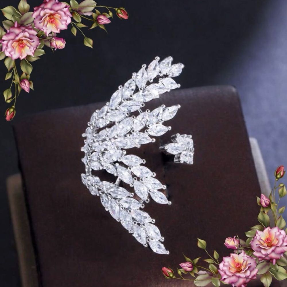 Leaf Shaped Cuff Ring With Shiny Cubic Zirconia Stones